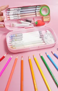 Astuccio doppio rosa in plastica di grande capacità con set di cancelleria per studenti.