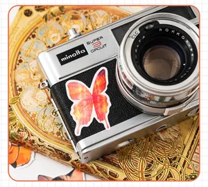 Detailed macro view of a vibrant butterfly decorative sticker applied on a vintage camera