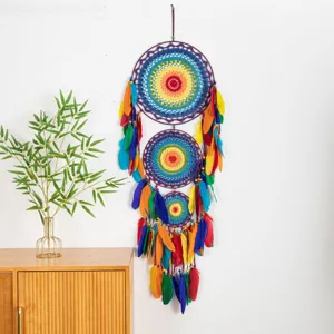 Handmade Colorful Dream Catcher Wall Hanging Decor Indian Feather Multi Circle Dreamcatcher Ornament For Bedroom Kids Room Gift