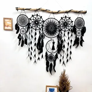 Zwarte Dromenvanger Wanddecoratie Handgemaakte Veer IJzeren Ring Bohemian Wanddecoratie Voor Woonkamer Slaapkamer Bruiloft