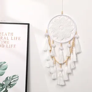 Nordisch Minimalistisch Weiß Baumwollseil Traumfänger Wandbehang Handgefertigte Quaste Spitze Blumenmuster Mit Holzperlen Heimdekor