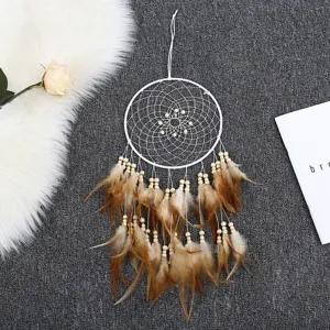 Attrape-Rêves Artisanal de Style Indien Anneau en Fer Plume Ornement Suspendu pour Décoration Murale de Chambre à Coucher Cadeau Créatif