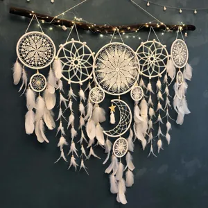 Large white dream catcher wall hanging with feathers and moon decor for room decor