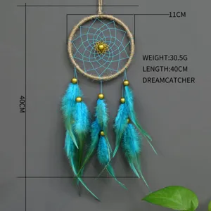 Detail view showing handcrafted weave and vibrant blue feathers of the 40cm dreamcatcher