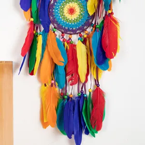 Detailed close-up of a vibrant colorful dream catcher with soft feathers and beads for decor.