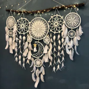 5pcs white crochet dream catcher set with feathers and fairy lights for room decor wall hanging