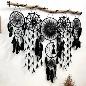 5st Zwarte Dromenvanger Wandhanger handgemaakte veren decoratie voor woonkamer