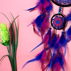 Handmade Dream Catcher Feather Wall Hanging Boho Decor Blue Purple Room Ornament Detail View