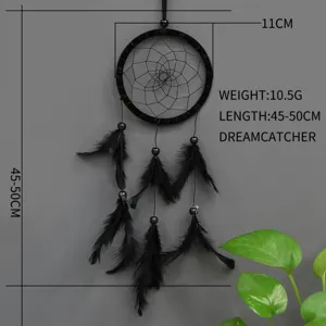 Atrapasueños de pared negro con plumas, anillo de 11cm, longitud 45-50cm, decoración ligera de 10.5g.