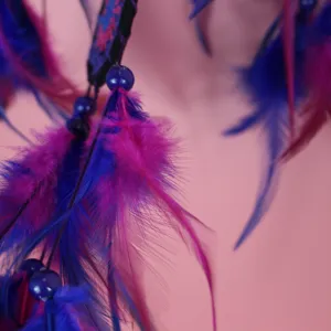 Handmade dream catcher detail, blue and pink feathers, boho home decor, wind chime.