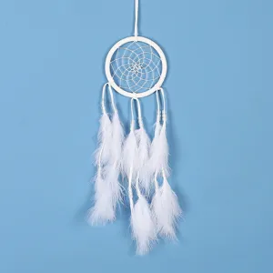 Acchiappasogni sospeso con piume bianche carillon vento fatto a mano decorazione parete dettaglio