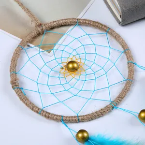 Handmade blue feather dreamcatcher hanging ornament for creative bedroom wall decor