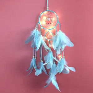 Atrapasueños de Plumas Hecho a Mano Decoración Colgante de Pared Con Luces LED Ornamento Estilo Indio Para Hogar Dormitorio Regalo