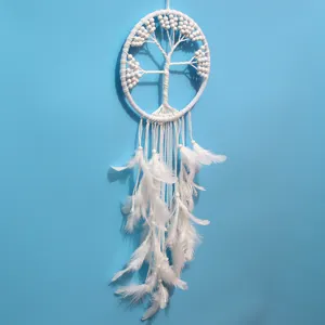 Handmade white Tree of Life dreamcatcher with beads and soft feathers for wall decor