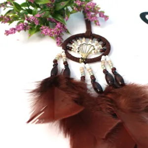 Brown dream catcher car pendant with feathers and beads hanging ornament decoration