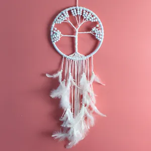 White Tree of Life dreamcatcher with hanging feathers for home wall decoration gift