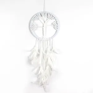 White handmade Tree of Life dream catcher with elegant feathers and beads for home wall decor