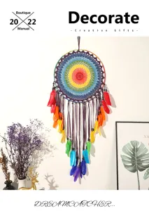 Large colorful rainbow feather dream catcher detail, vibrant wall hanging decor for bedroom.