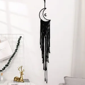 Nordic Black Moon Star Handwoven Tapestry Bohemian Dream Catcher Wall Hanging Fringe Tassel Macrame Home Room Decoration Accent