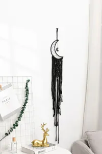 Handmade black moon macrame wall hanging tapestry boho dream catcher home decor detail.