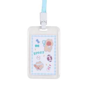 Portacarte trasparente con cordino blu e simpatico design di animali sportivi per studenti.