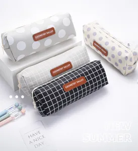 Canvas etui met schattige stippen en ruitjes patronen, grote capaciteit briefpapier tas.