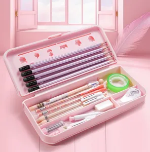 Leuke roze dubbellaagse plastic etui set met grote capaciteit schoolbriefpapier voor kinderen.