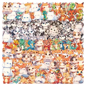 Creative collage of 50 cute cartoon animal stickers featuring cats, huskies, and dragons for journals.