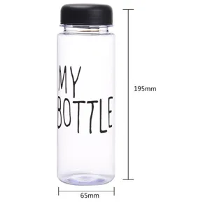 Portable clear plastic water bottle with black lid 195x65mm travel sports drink cup.