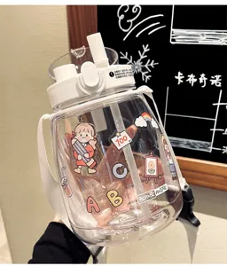 Große Kapazität Doppeltrink-Bauch-Wasserflasche mit Strohhalm und süßen Aufklebern für Studenten.