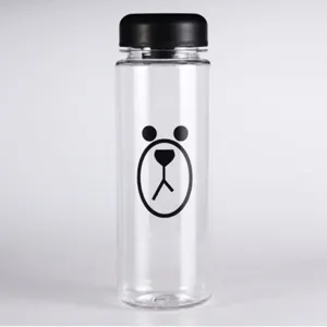 Clear plastic water bottle with cute bear face and black lid, portable and stylish for summer.