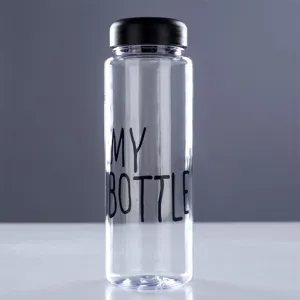 Clear plastic water bottle with black cap and text print main view for daily portable use.