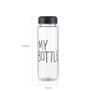 Transparent plastic water bottle with black lid, 195mm height, portable travel drink cup.