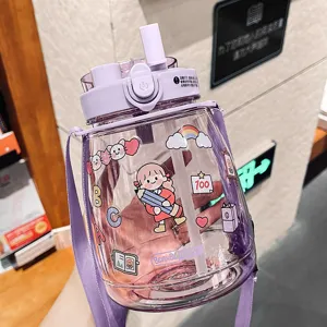Große Kapazität Plastik Wasserkocher Mit Strohhalm Tragbarer Becher Doppel Drink Große Bauch Flasche Süße Cartoon Aufkleber