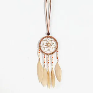 Detail view of ethnic dreamcatcher necklace featuring colorful beads and natural feathers