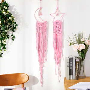 Rosa Makramee Traumfaenger Mond Stern Wandbehang handgemachte Baumwollkordel Boho Teppich