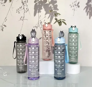 Gradient plastic sport water bottle with time marker, straw and portable handle for fitness.