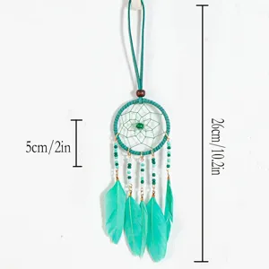 Handmade teal dreamcatcher pendant with feathers and beads, 26cm overall length
