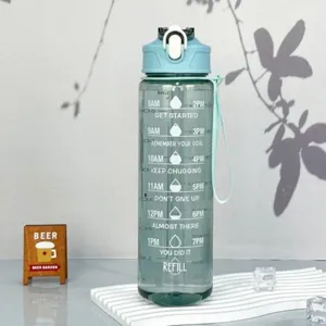 Detail view of the clear plastic sports water bottle featuring time markers and motivational text.