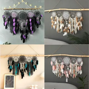 Attrape-Rêves Fait Main Bohème avec Plumes Suspension Murale Tapisserie Macramé à Glands pour Salon Chambre Décoration de Maison