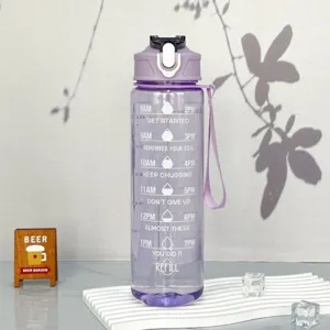Transparent plastic sport water bottle with time markers, purple lid and carrying strap.