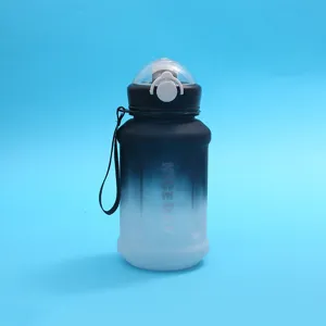 Gradient black large capacity plastic water bottle detail view, portable strap and direct drinking lid.