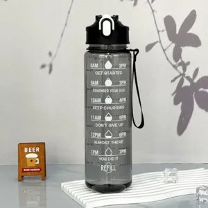 Plastic sports water bottle with time marker, straw and handle, clear motivational cup detail.