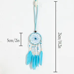 Detailed size guide for the ethnic style blue dreamcatcher pendant with feathers.