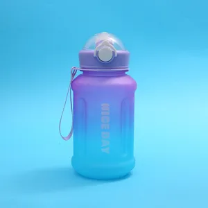 Gradient plastic water bottle, large capacity sports cup with strap and direct lid.