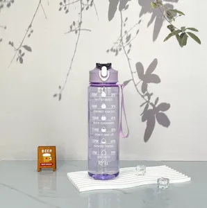 Purple gradient plastic sports water bottle with time markers and strap for outdoor fitness.