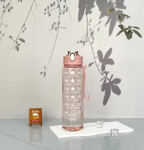 Plastic sports water bottle with time marker, gradient pink, straw and handle for daily fitness.