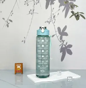 Gradient transparent plastic sports water bottle with time markers and strap, detail view.
