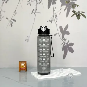 Plastic sports water bottle with time marker, motivational quotes and convenient handle.