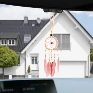 Delicate ethnic dreamcatcher car mirror hanging ornament with pink feathers and beads
